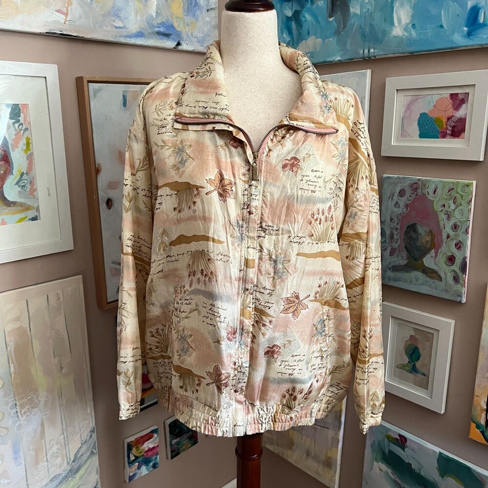 Vintage EVR Silk Botanical Garden Script 80s 90s Bomber Jacket Size L Neutral